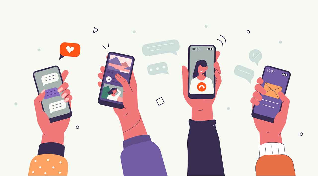 illustration of four hands holding smartphones with screens showing social interactions